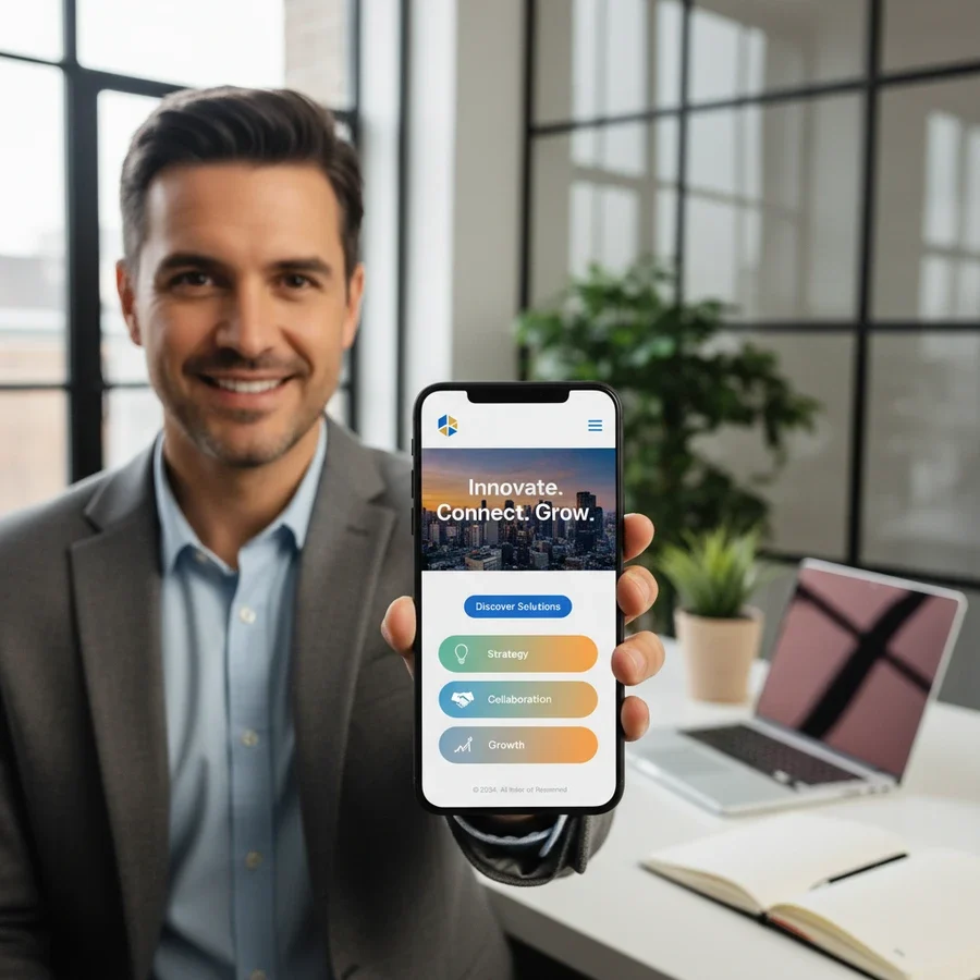 Business professional demonstrating mobile-first web design on smartphone showing responsive website that loads perfectly on mobile devices