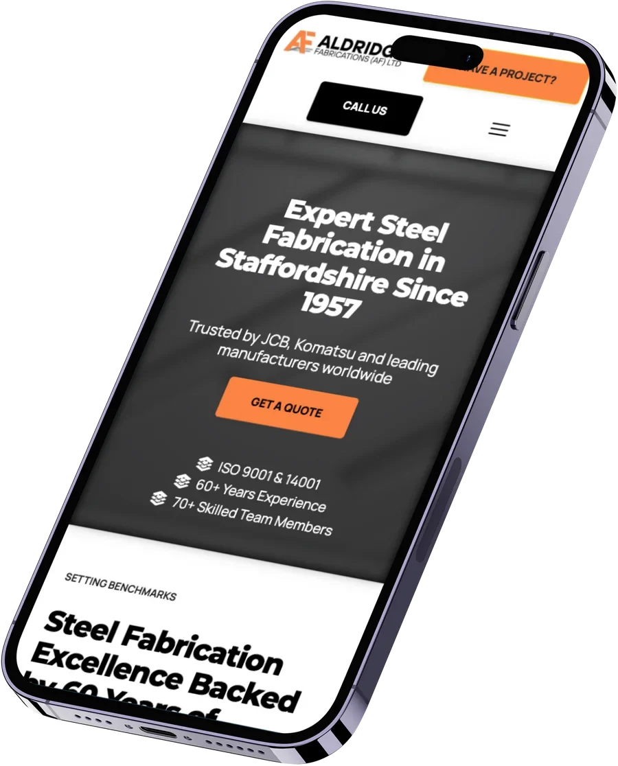 Home Steel fabrication website Aldridge Fabrications on phone