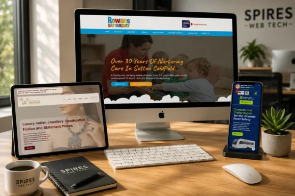 A professional agency desk featuring the Rowans Day Nursery, Munish Creations, and JB Caravan websites across an iMac, iPad, and iPhone.