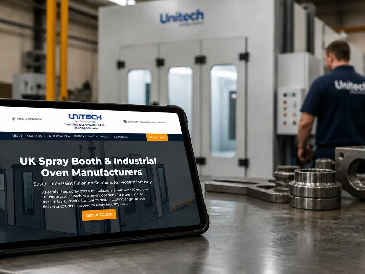 A tablet displaying the Unitech Machinery website hero section on a metal workbench in a professional Staffordshire manufacturing facility.