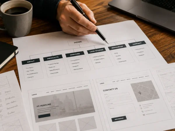 A professional website sitemap and wireframe layout on a wooden desk during a strategic discovery session with Spires Web Tech.