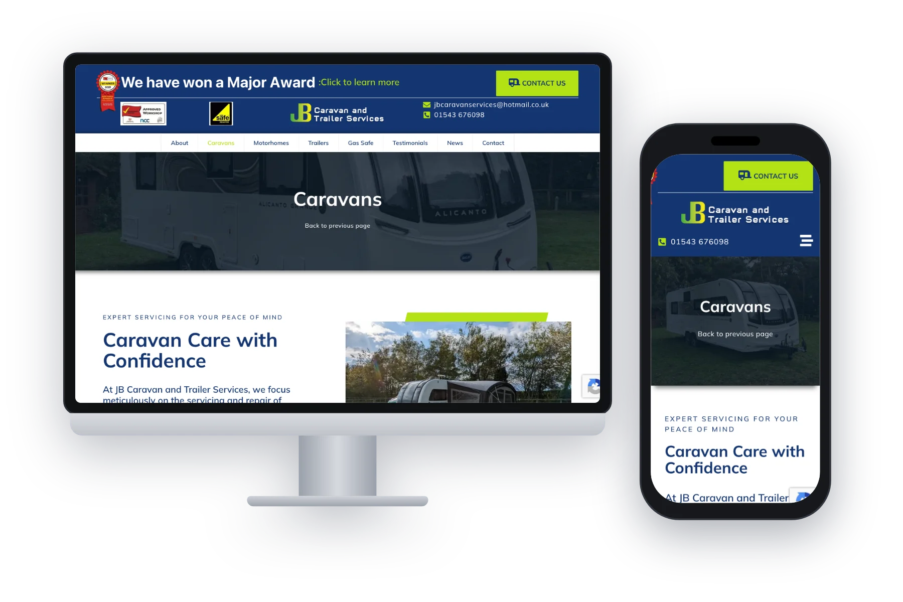 JB Caravan & Trailer Services website on desktop and mobile