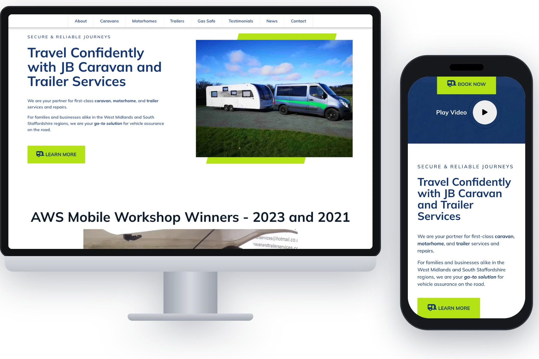 Home JB Caravan and Trailer Services homepage on desktop and mobile